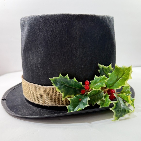 Christmas Vintage Top Hat Steampunk Decorative Black Felt Burlap Holly Red Bird - Picture 4 of 12